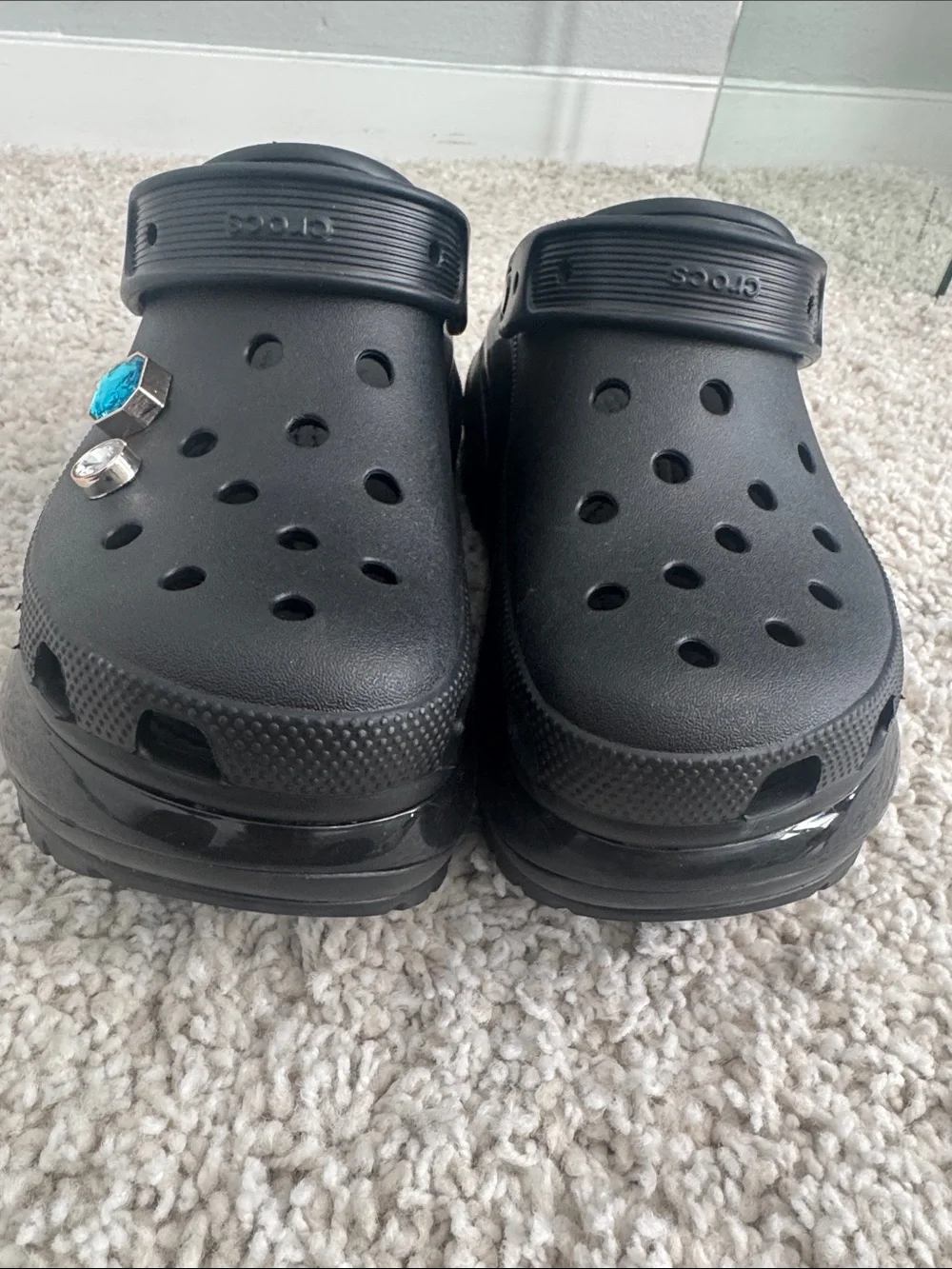 CROCS Black Platform Clog with Blue and Clear Charms